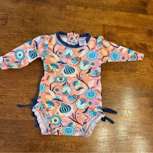 Ruffle Butts Orange Blue Floral Kids Rashguard one piece swimsuit size 3-6 M